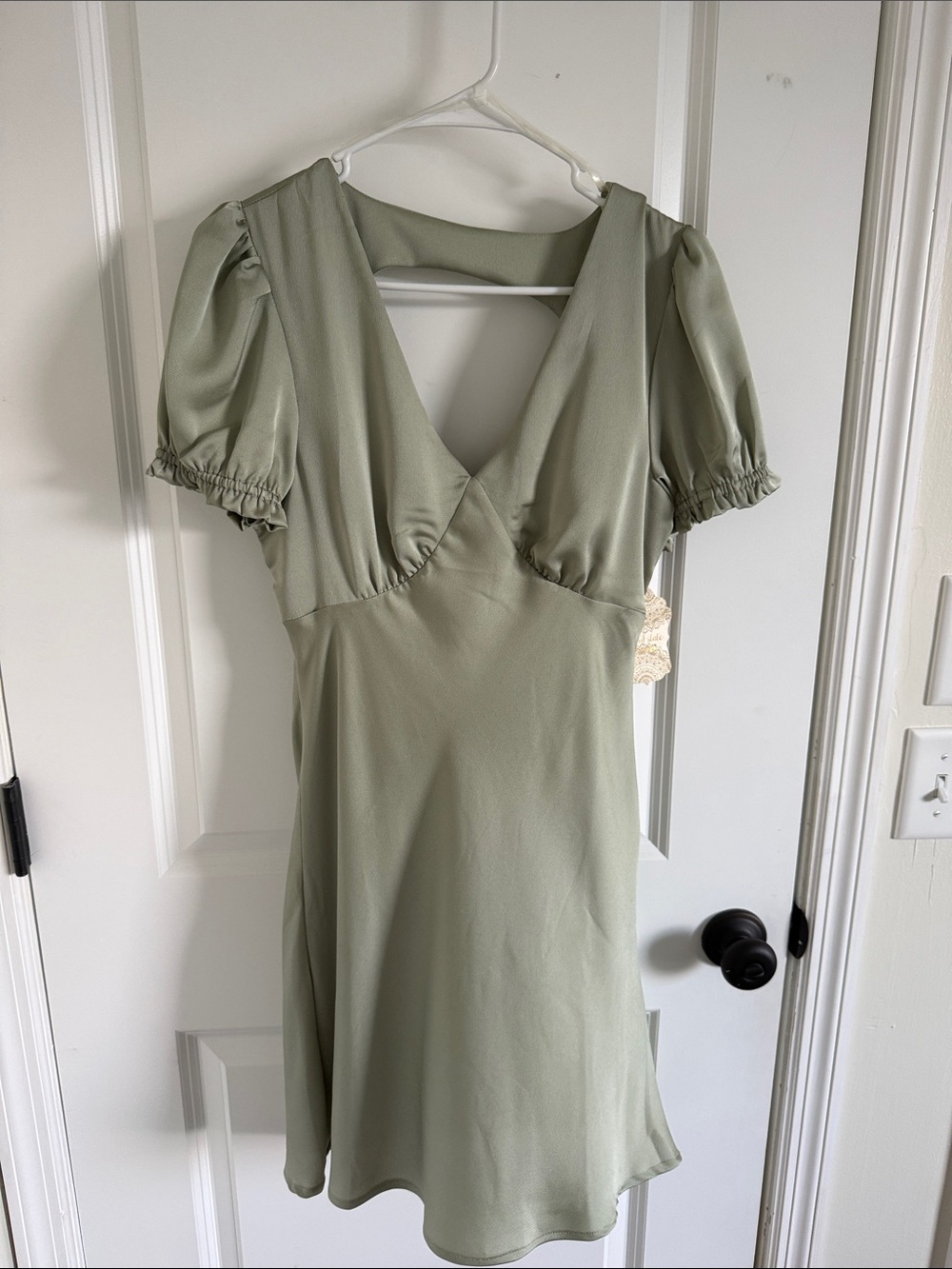 Altar'd State Sage Green V-Neck Puff-Sleeve Dress